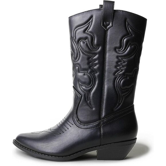 Women Polyurethane Black  Mid Calf Low Heel Pointed Toe Cowgirl Western Boot - Picture 1 of 9